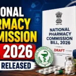 Eye-catching YouTube thumbnail announcing the National Pharmacy Commission Bill 2026 Draft Released, featuring the draft bill document, pharmacy books, medicine bottle, tablets, mortar and pestle, and pharmacy symbols on a professional blue background.