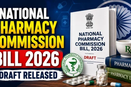 Eye-catching YouTube thumbnail announcing the National Pharmacy Commission Bill 2026 Draft Released, featuring the draft bill document, pharmacy books, medicine bottle, tablets, mortar and pestle, and pharmacy symbols on a professional blue background.