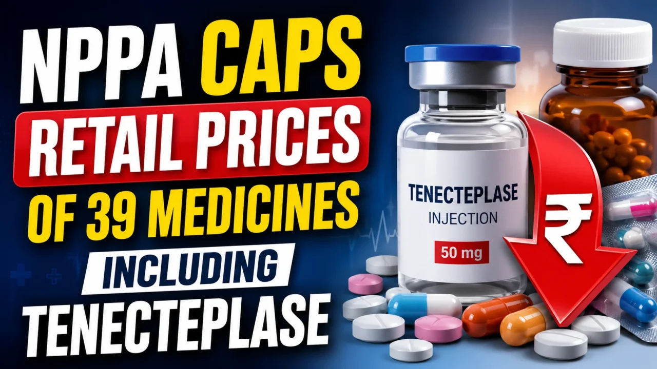 NPPA caps retail prices of 39 medicines including Tenecteplase injection. The thumbnail features a medicine vial, tablets, capsules, and a red downward rupee arrow representing reduced medicine prices.