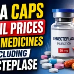 NPPA caps retail prices of 39 medicines including Tenecteplase injection. The thumbnail features a medicine vial, tablets, capsules, and a red downward rupee arrow representing reduced medicine prices.