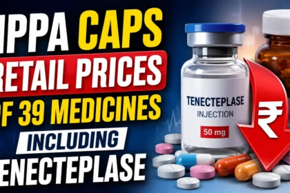 NPPA caps retail prices of 39 medicines including Tenecteplase injection. The thumbnail features a medicine vial, tablets, capsules, and a red downward rupee arrow representing reduced medicine prices.