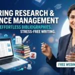Thumbnail promoting a free national-level webinar on research and reference management featuring Mendeley and Zotero with a professional presenter, laptop, research books, and citation tools.