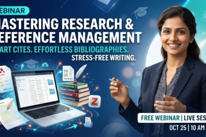 Thumbnail promoting a free national-level webinar on research and reference management featuring Mendeley and Zotero with a professional presenter, laptop, research books, and citation tools.