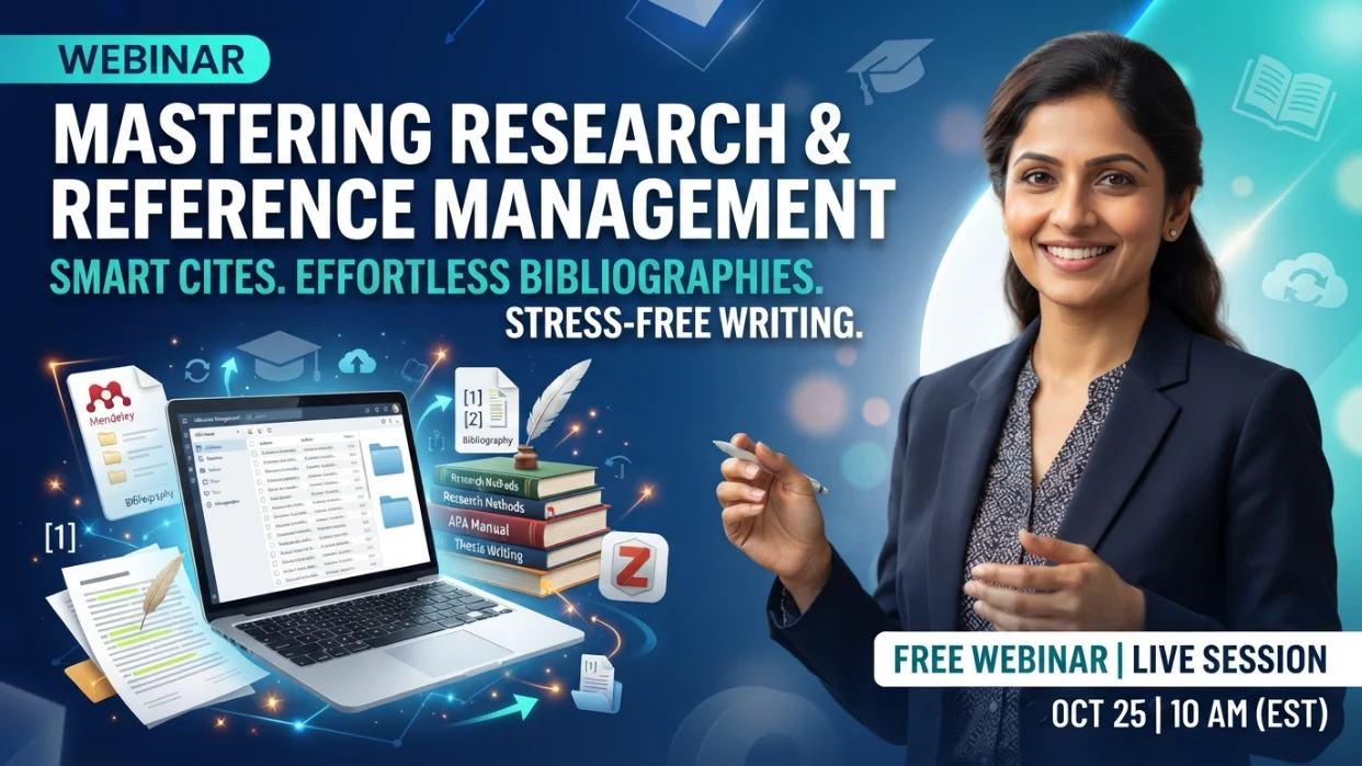 Thumbnail promoting a free national-level webinar on research and reference management featuring Mendeley and Zotero with a professional presenter, laptop, research books, and citation tools.