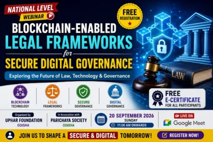 YouTube thumbnail for a National Level Webinar on Blockchain-Enabled Legal Frameworks for Secure Digital Governance featuring blockchain technology, digital security, legal governance, free registration, and free e-certificate.