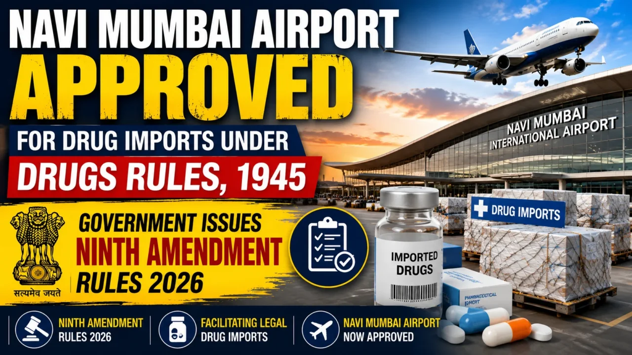 Navi Mumbai Airport approved for drug imports under the Drugs Rules, 1945, highlighting the Government's Ninth Amendment Rules 2026 with airport, cargo, aircraft, and pharmaceutical imports.