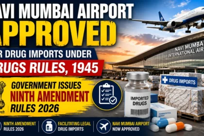 Navi Mumbai Airport approved for drug imports under the Drugs Rules, 1945, highlighting the Government's Ninth Amendment Rules 2026 with airport, cargo, aircraft, and pharmaceutical imports.
