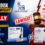 Thumbnail showing Novo Nordisk filing a lawsuit against Eli Lilly over GLP-1 drug advertisements, featuring Wegovy, Ozempic, Mounjaro, Zepbound, a judge's gavel, company logos, and a "Lawsuit" stamp.