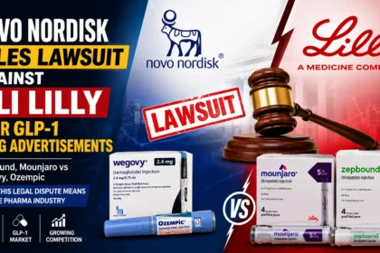 Thumbnail showing Novo Nordisk filing a lawsuit against Eli Lilly over GLP-1 drug advertisements, featuring Wegovy, Ozempic, Mounjaro, Zepbound, a judge's gavel, company logos, and a "Lawsuit" stamp.