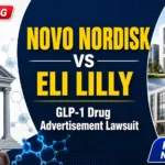 Professional YouTube thumbnail featuring a courthouse and gavel with medical molecule graphics on the left and two generic pharmaceutical office buildings on the right. Bold headline reads "NOVO NORDISK vs ELI LILLY" with the subtitle "GLP-1 Drug Advertisement Lawsuit." Includes a red "BREAKING NEWS" badge and a blue "PHARMA NEWS 2026" badge on a white and dark blue background.