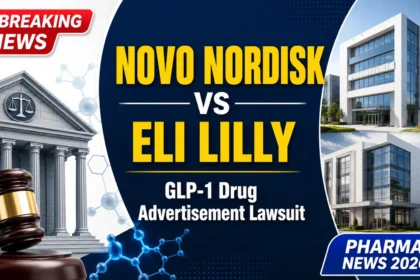 Professional YouTube thumbnail featuring a courthouse and gavel with medical molecule graphics on the left and two generic pharmaceutical office buildings on the right. Bold headline reads "NOVO NORDISK vs ELI LILLY" with the subtitle "GLP-1 Drug Advertisement Lawsuit." Includes a red "BREAKING NEWS" badge and a blue "PHARMA NEWS 2026" badge on a white and dark blue background.