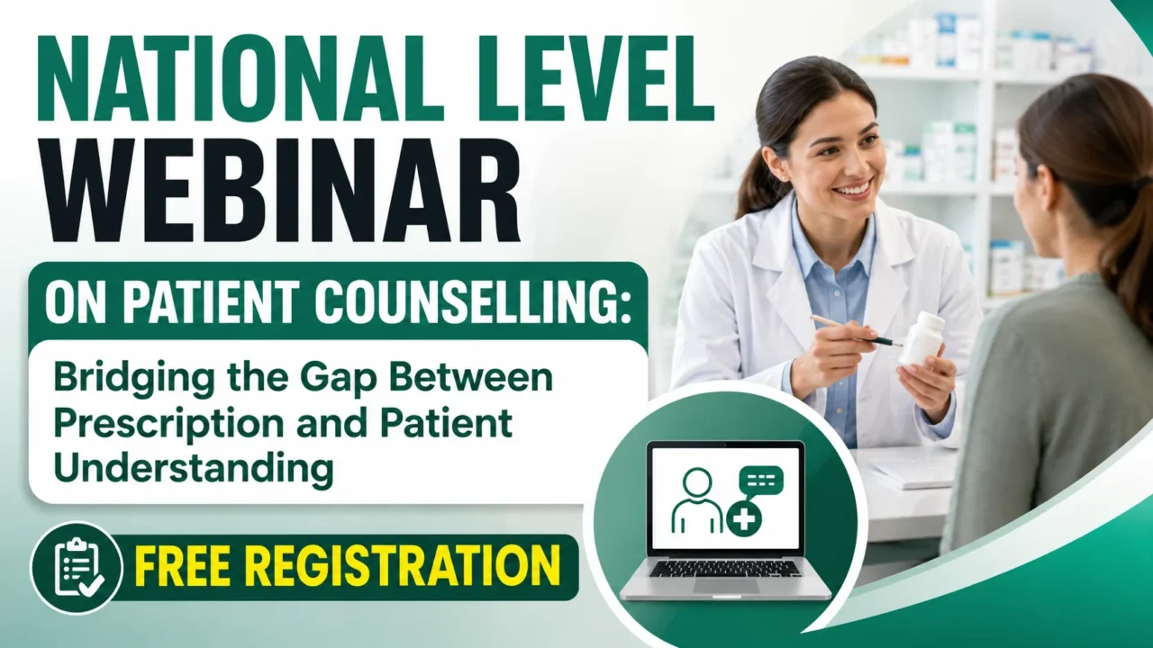 YouTube thumbnail promoting a National Level Webinar on Patient Counselling, featuring a pharmacist counselling a patient, online webinar icon, and free registration banner for pharmacy students and healthcare professionals.