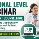 YouTube thumbnail promoting a National Level Webinar on Patient Counselling, featuring a pharmacist counselling a patient, online webinar icon, and free registration banner for pharmacy students and healthcare professionals.