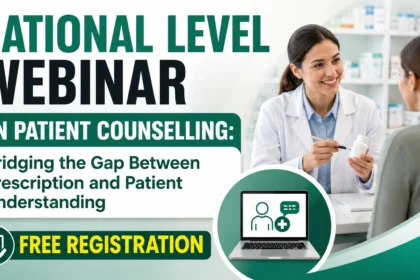 YouTube thumbnail promoting a National Level Webinar on Patient Counselling, featuring a pharmacist counselling a patient, online webinar icon, and free registration banner for pharmacy students and healthcare professionals.