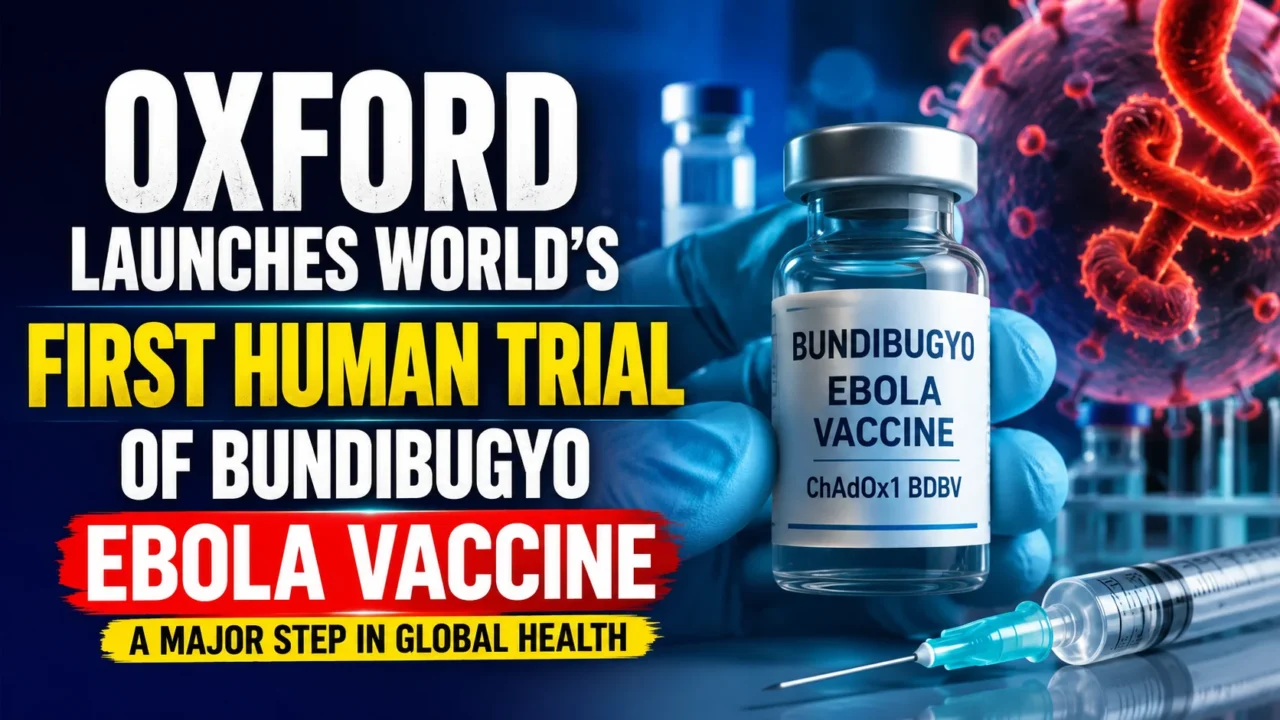 Oxford launches the world's first human trial of the Bundibugyo Ebola vaccine (ChAdOx1 BDBV), featuring a vaccine vial, syringe, and Ebola virus illustration in a laboratory background.
