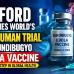 Oxford launches the world's first human trial of the Bundibugyo Ebola vaccine (ChAdOx1 BDBV), featuring a vaccine vial, syringe, and Ebola virus illustration in a laboratory background.