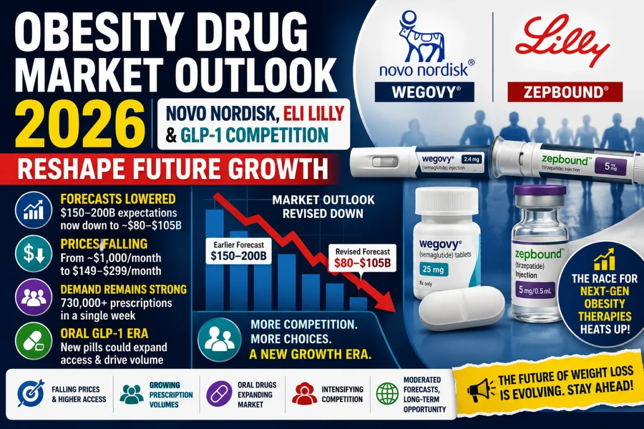 Thumbnail illustrating the 2026 obesity drug market outlook featuring Novo Nordisk, Eli Lilly, GLP-1 therapies, Wegovy, Zepbound, declining market forecasts, and the future of obesity treatment.