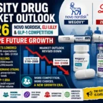Thumbnail illustrating the 2026 obesity drug market outlook featuring Novo Nordisk, Eli Lilly, GLP-1 therapies, Wegovy, Zepbound, declining market forecasts, and the future of obesity treatment.