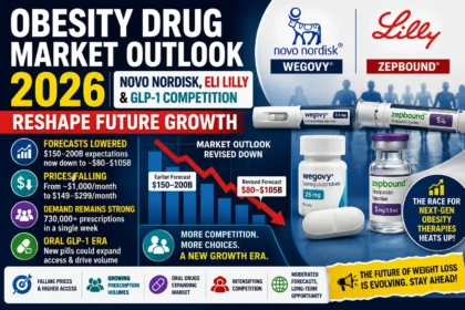 Thumbnail illustrating the 2026 obesity drug market outlook featuring Novo Nordisk, Eli Lilly, GLP-1 therapies, Wegovy, Zepbound, declining market forecasts, and the future of obesity treatment.
