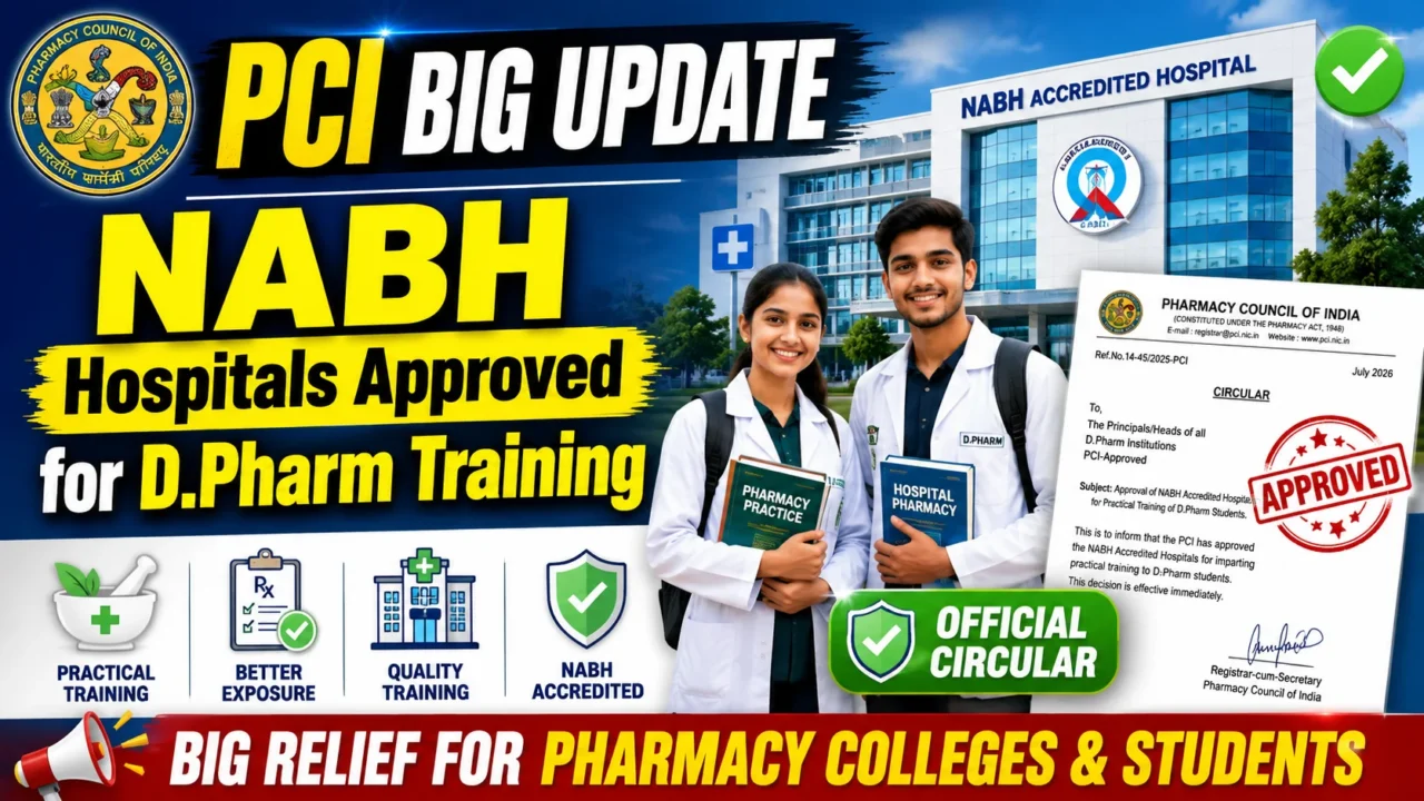 PCI approves NABH accredited hospitals for D.Pharm practical training, providing major relief to pharmacy colleges and students.