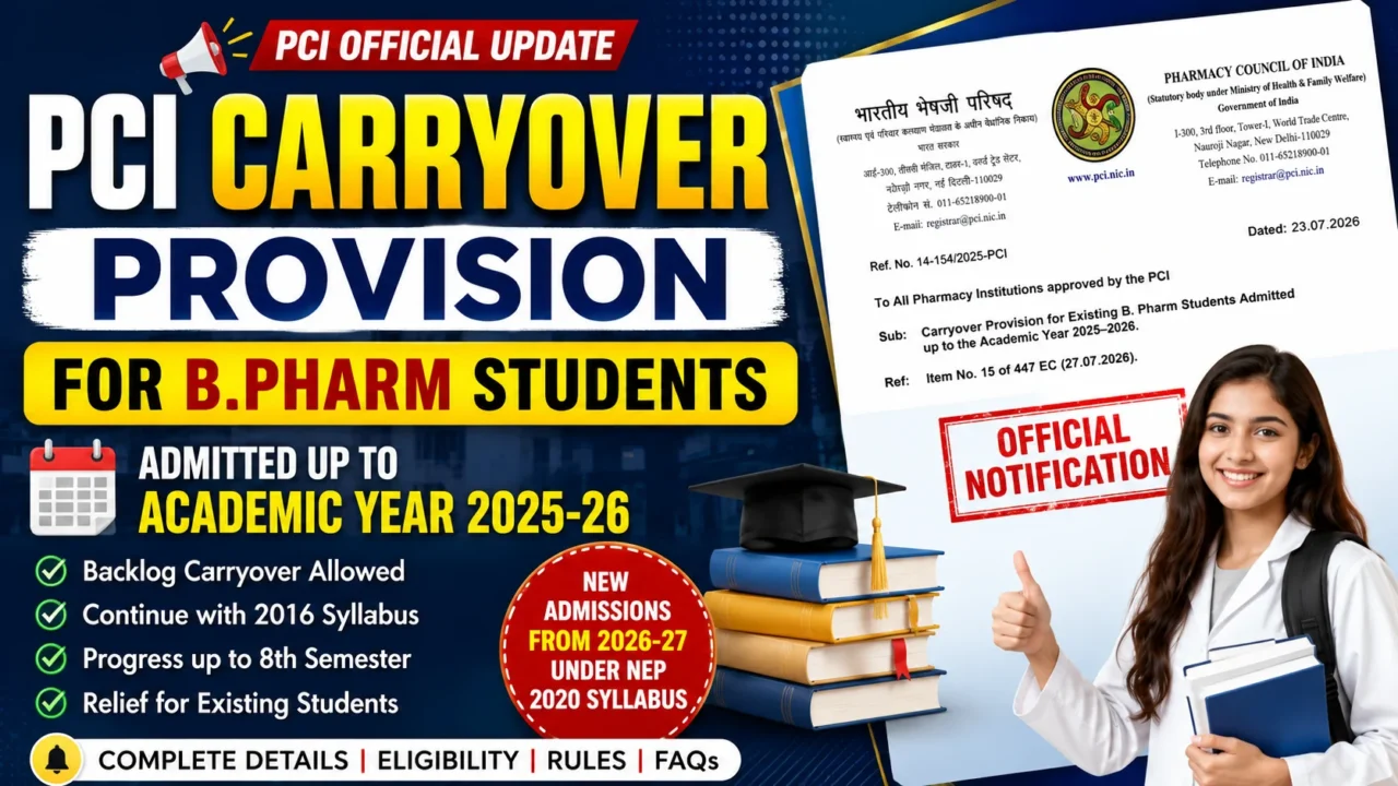PCI Carryover Provision Notification for Existing B.Pharm Students Admitted up to Academic Year 2025-26