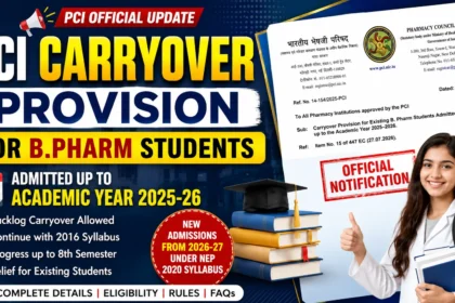 PCI Carryover Provision Notification for Existing B.Pharm Students Admitted up to Academic Year 2025-26