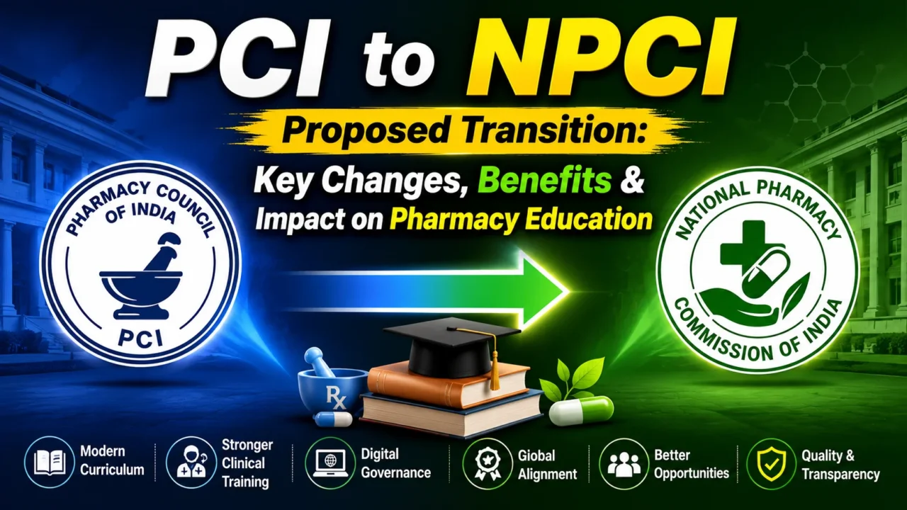 PCI to NPCI Proposed Transition infographic showing key changes, benefits, and impact on pharmacy education in India with comparison between Pharmacy Council of India and proposed National Pharmacy Commission of India.