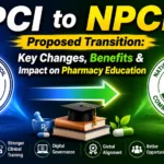 PCI to NPCI Proposed Transition infographic showing key changes, benefits, and impact on pharmacy education in India with comparison between Pharmacy Council of India and proposed National Pharmacy Commission of India.
