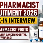 TMC Pharmacist Recruitment 2026 thumbnail featuring Walk-in Interview for 3 Pharmacist Posts at Homi Bhabha Cancer Hospital, Varanasi with hospital background and pharmacist medicine bottle.