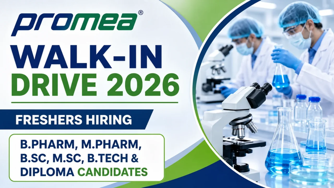 Promea Walk-In Drive 2026 recruitment banner for freshers hiring B.Pharm, M.Pharm, B.Sc, M.Sc, B.Tech, and Diploma candidates with laboratory scientists and research equipment.