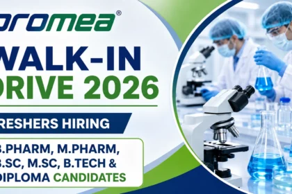 Promea Walk-In Drive 2026 recruitment banner for freshers hiring B.Pharm, M.Pharm, B.Sc, M.Sc, B.Tech, and Diploma candidates with laboratory scientists and research equipment.