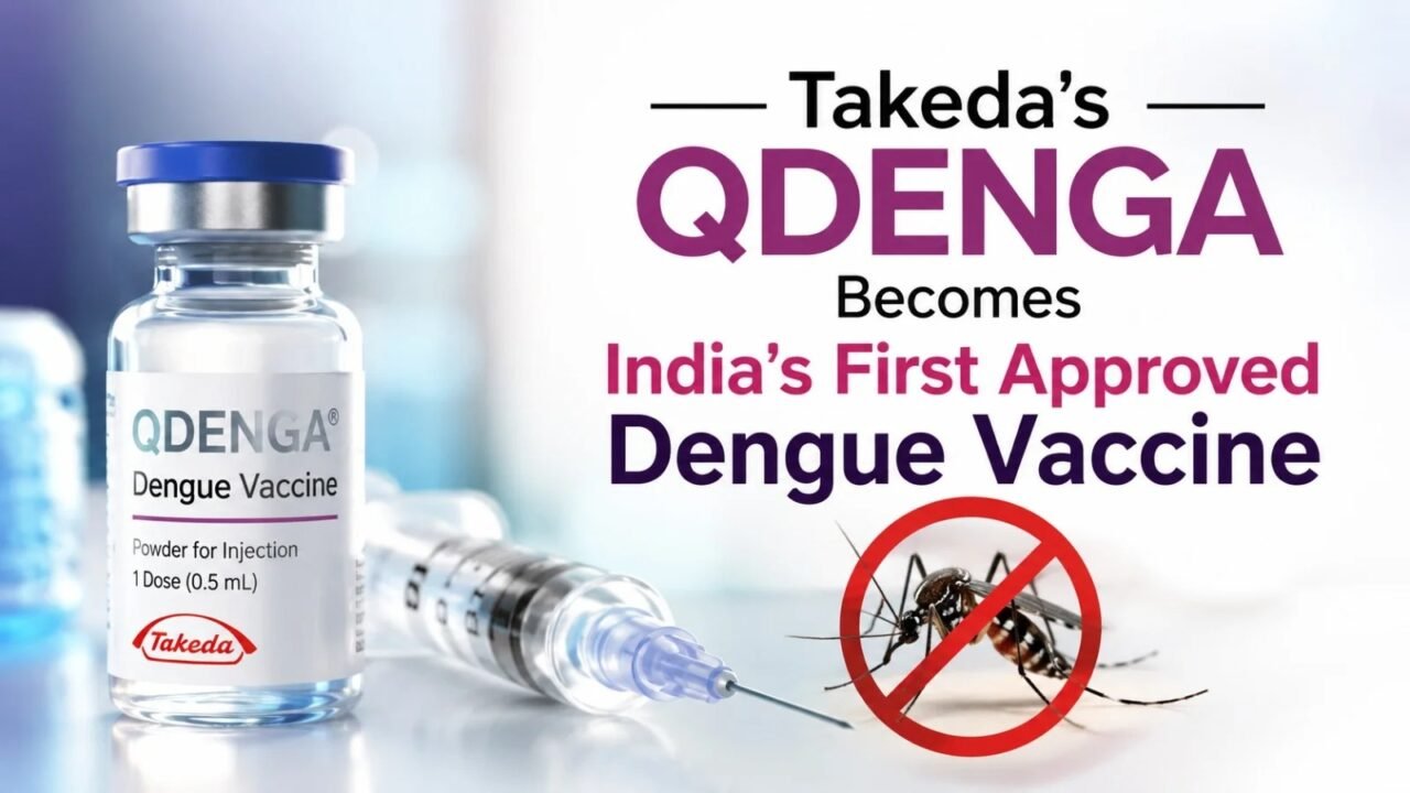 Takeda QDENGA becomes India's first approved dengue vaccine with vaccine vial, syringe, and mosquito illustration
