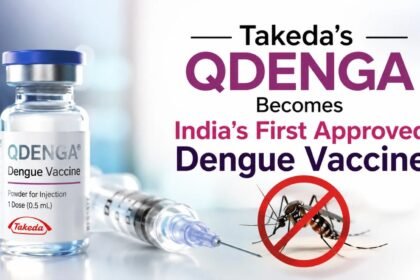 Takeda QDENGA becomes India's first approved dengue vaccine with vaccine vial, syringe, and mosquito illustration