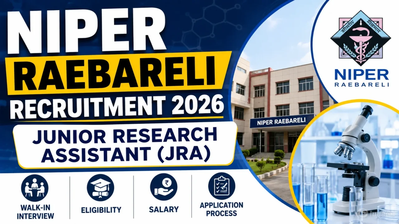 NIPER Raebareli Recruitment 2026 YouTube thumbnail featuring Junior Research Assistant (JRA) vacancy, NIPER Raebareli campus, laboratory microscope, and recruitment announcement in a blue and yellow professional design.