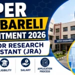 NIPER Raebareli Recruitment 2026 YouTube thumbnail featuring Junior Research Assistant (JRA) vacancy, NIPER Raebareli campus, laboratory microscope, and recruitment announcement in a blue and yellow professional design.