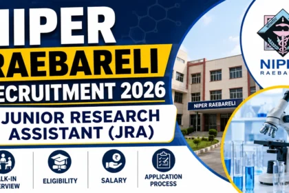 NIPER Raebareli Recruitment 2026 YouTube thumbnail featuring Junior Research Assistant (JRA) vacancy, NIPER Raebareli campus, laboratory microscope, and recruitment announcement in a blue and yellow professional design.
