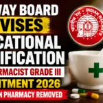 Railway Board revises educational qualification for Pharmacist Grade III Recruitment 2026. Thumbnail highlights that Diploma in Pharmacy has been removed, with Indian Railways logo, train, mortar and pestle, medicine bottle, capsules, and tablets.
