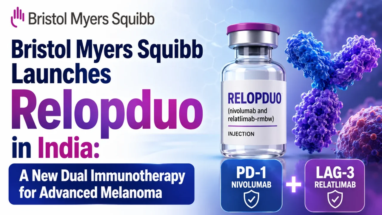 Thumbnail announcing Bristol Myers Squibb's launch of Relopduo in India for advanced melanoma, featuring a Relopduo vial, PD-1 and LAG-3 immunotherapy concept, and cancer cell visuals.