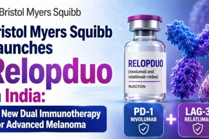 Thumbnail announcing Bristol Myers Squibb's launch of Relopduo in India for advanced melanoma, featuring a Relopduo vial, PD-1 and LAG-3 immunotherapy concept, and cancer cell visuals.