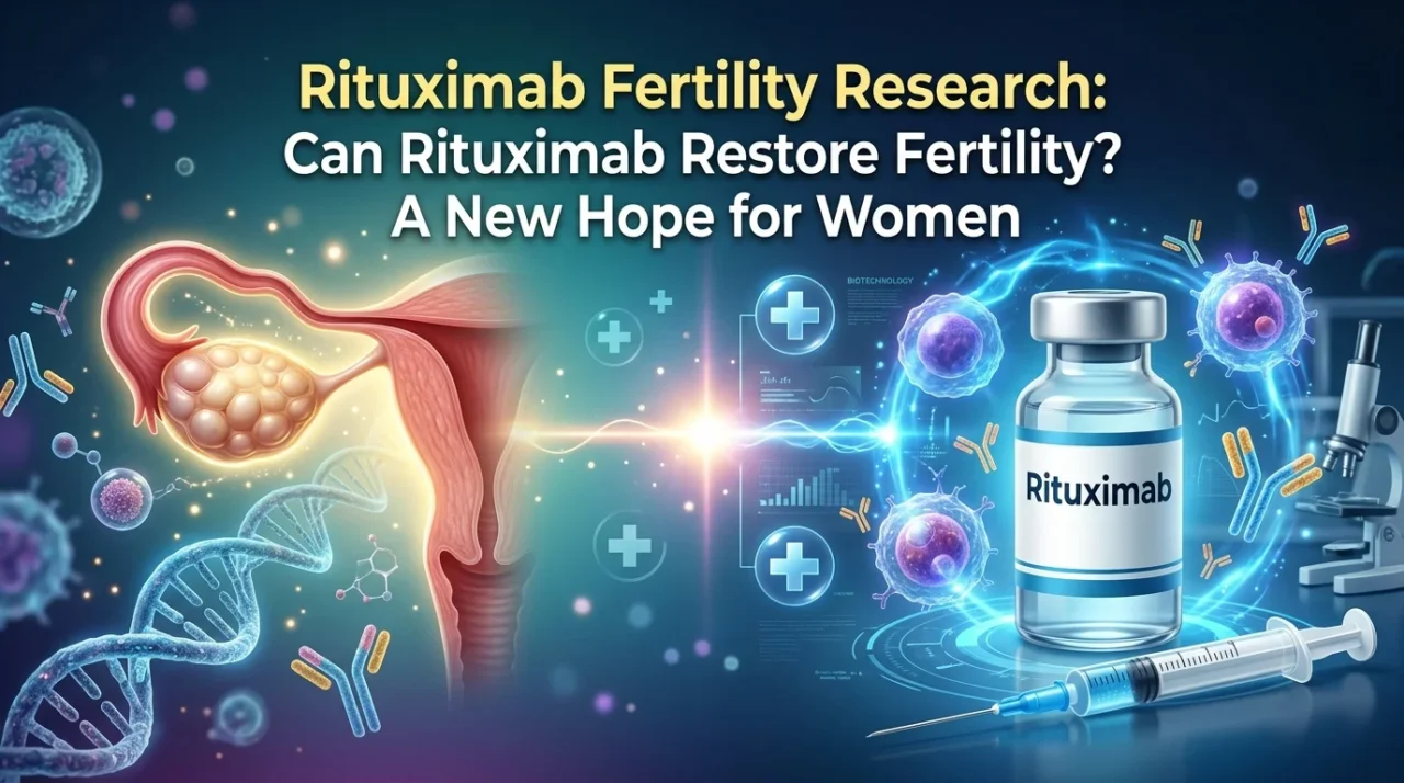 Illustration of Rituximab fertility research showing the female reproductive system, DNA strand, rituximab vial, immune cells, and laboratory equipment representing potential fertility restoration research.