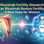 Illustration of Rituximab fertility research showing the female reproductive system, DNA strand, rituximab vial, immune cells, and laboratory equipment representing potential fertility restoration research.