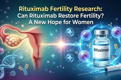 Illustration of Rituximab fertility research showing the female reproductive system, DNA strand, rituximab vial, immune cells, and laboratory equipment representing potential fertility restoration research.