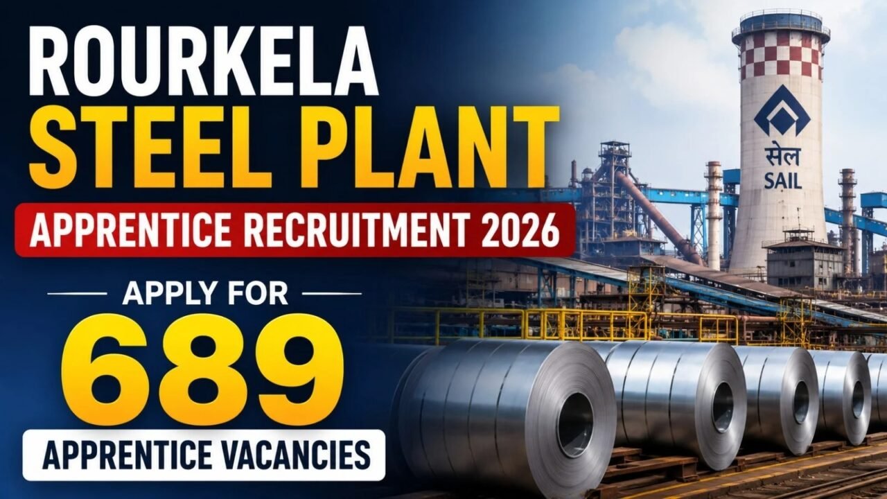 Rourkela Steel Plant Apprentice Recruitment 2026 thumbnail showing 689 apprentice vacancies with steel plant and industrial machinery.