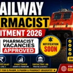 Railway Pharmacist Recruitment 2026 thumbnail showing 120 Pharmacist vacancies approved by Railway Board with official update and Indian Railways train.