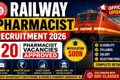Railway Pharmacist Recruitment 2026 thumbnail showing 120 Pharmacist vacancies approved by Railway Board with official update and Indian Railways train.