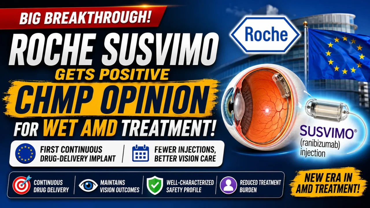 Roche Susvimo refillable ocular implant receives positive CHMP opinion for wet age-related macular degeneration (AMD) treatment in the European Union.