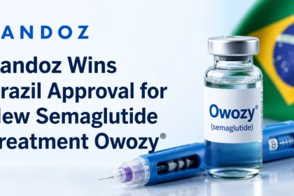 Sandoz announces Brazil approval of Owozy (semaglutide), featuring a semaglutide vial, injection pen, and Brazilian flag, highlighting the launch of a new GLP-1 treatment.