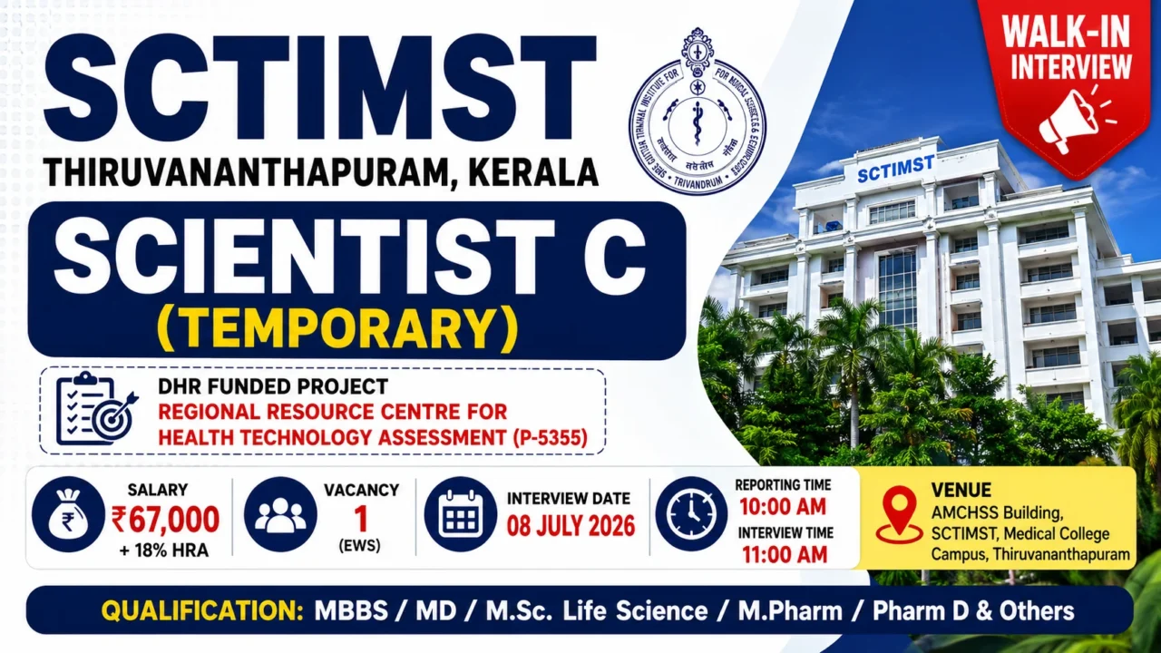 SCTIMST Scientist C (Temporary) Recruitment 2026 blog thumbnail featuring walk-in interview details,