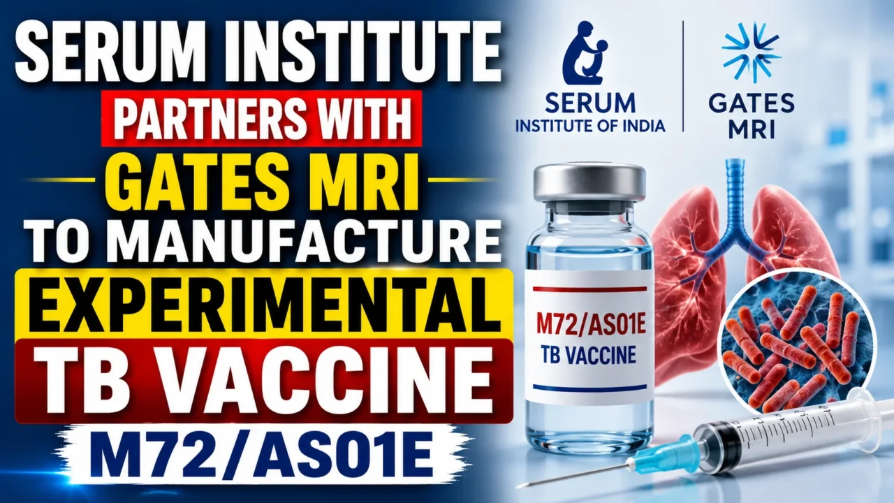 Serum Institute partners with Gates MRI to manufacture the experimental TB vaccine M72/AS01E, featuring vaccine vial, syringe, lungs, TB bacteria, and collaboration announcement.