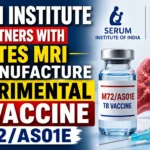 Serum Institute partners with Gates MRI to manufacture the experimental TB vaccine M72/AS01E, featuring vaccine vial, syringe, lungs, TB bacteria, and collaboration announcement.